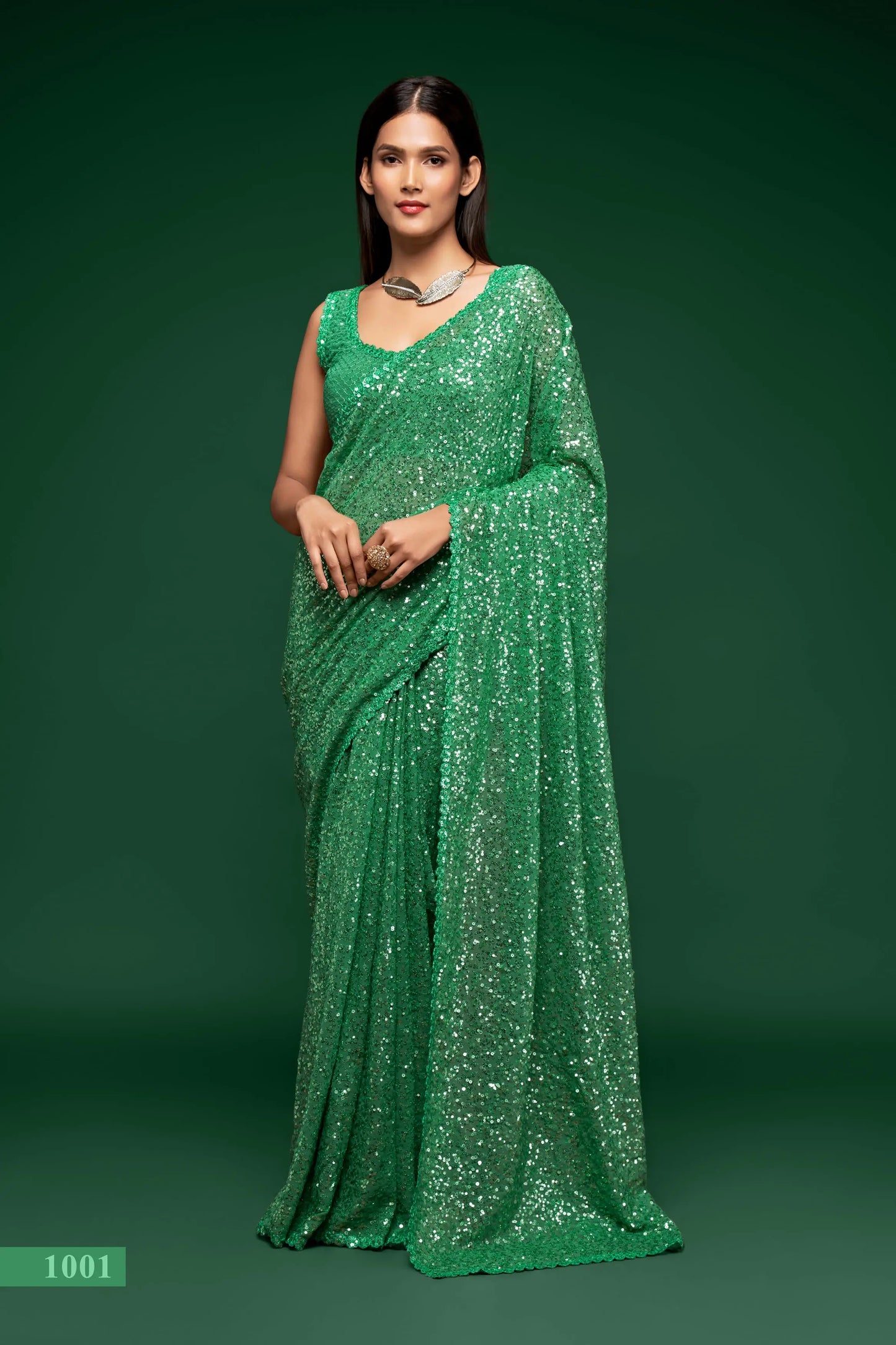 Mint Green Georgette with Thread And Multiple Sequins Embroidery Work