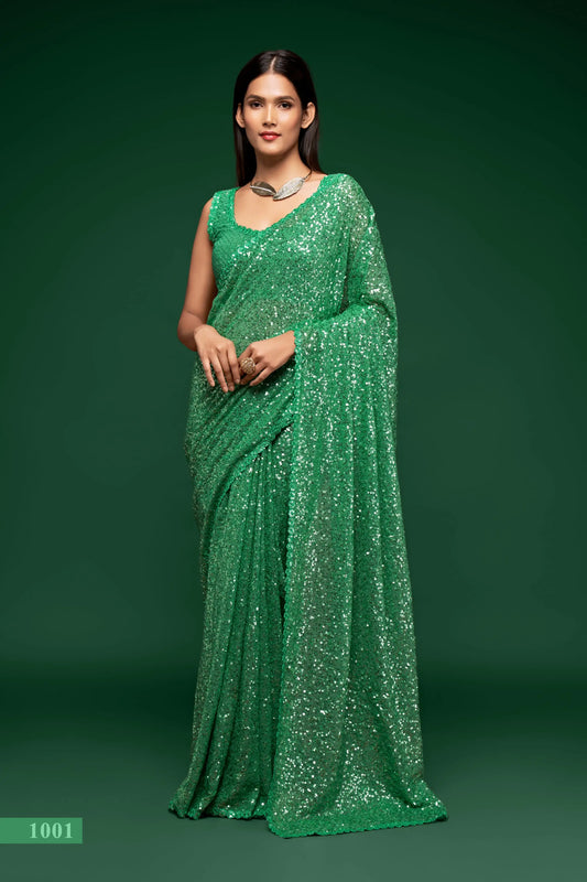 Mint Green Georgette with Thread And Multiple Sequins Embroidery Work