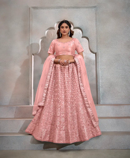 Peach Net Thread & Sequence Embroidery Work Lehenga Choli