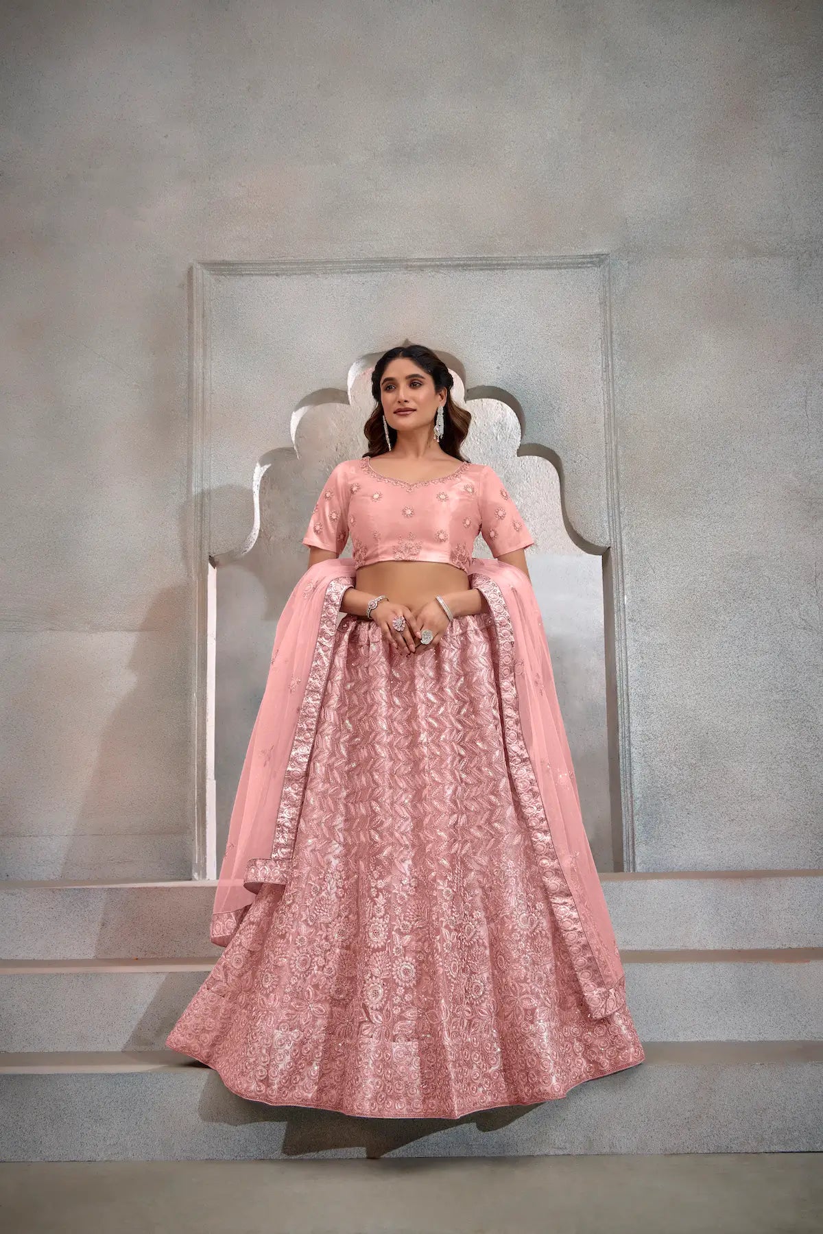 Peach Net Thread & Sequence Embroidery Work Lehenga Choli