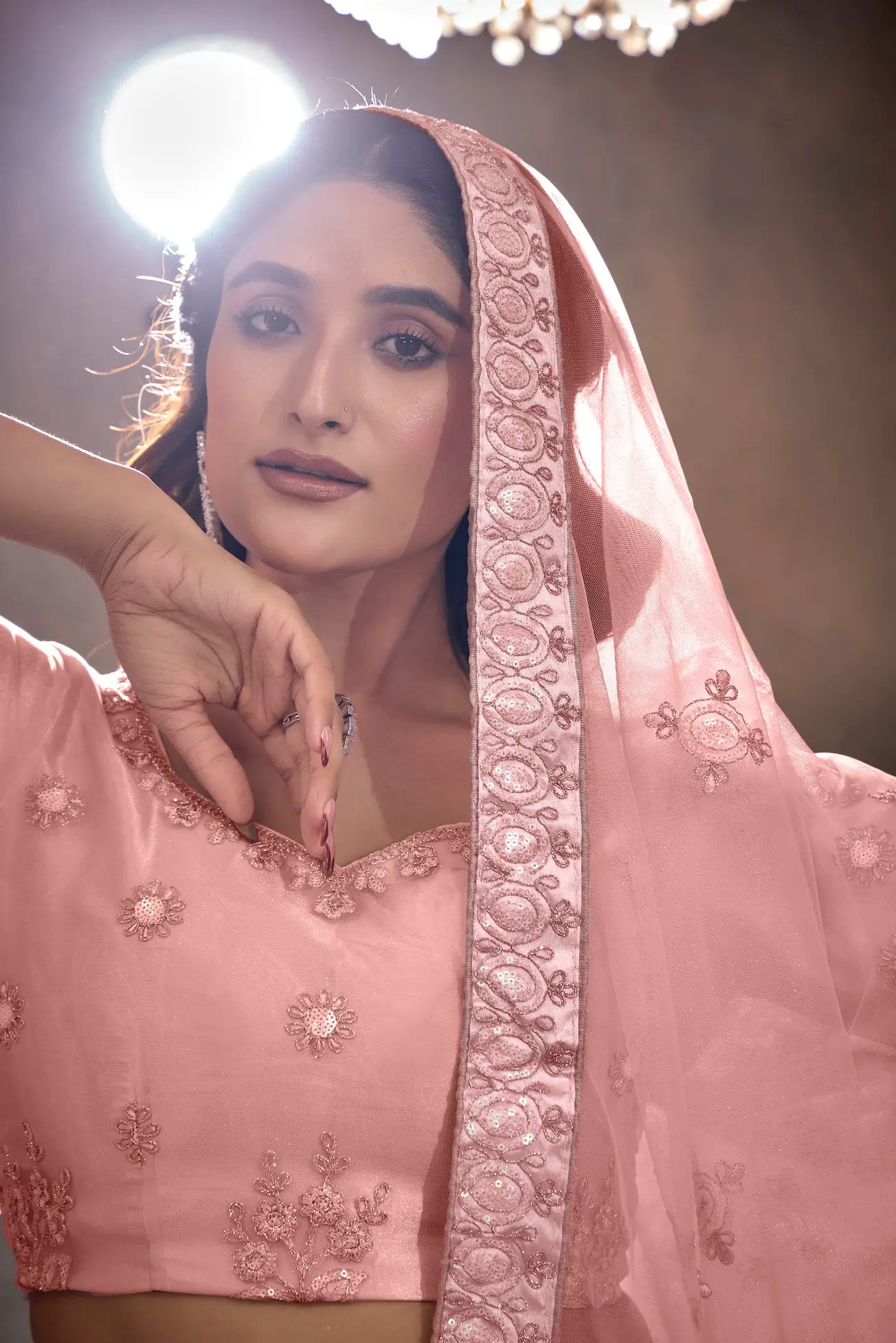 Peach Net Thread & Sequence Embroidery Work Lehenga Choli