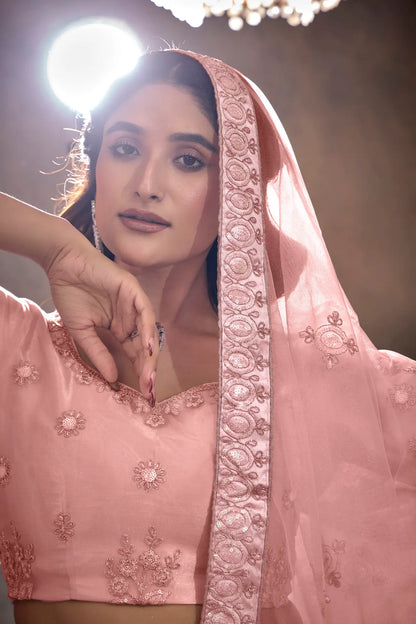 Peach Net Thread & Sequence Embroidery Work Lehenga Choli