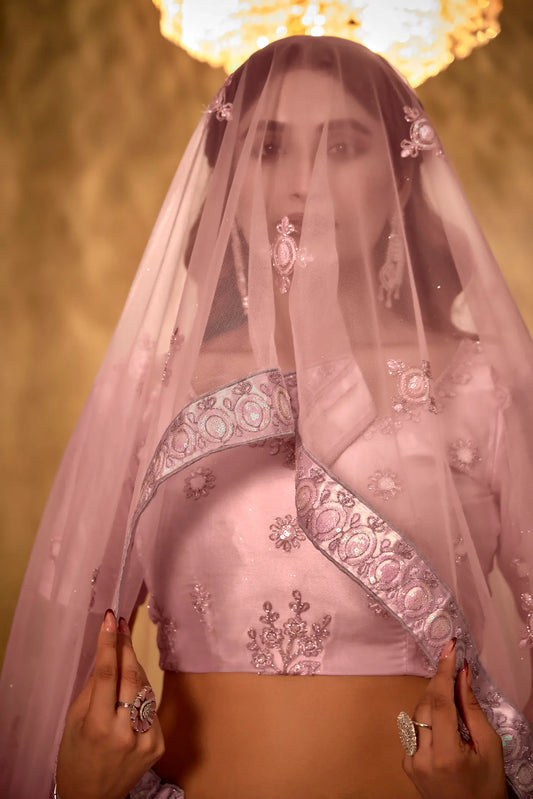 Peach Net Thread & Sequence Embroidery Work Lehenga Choli