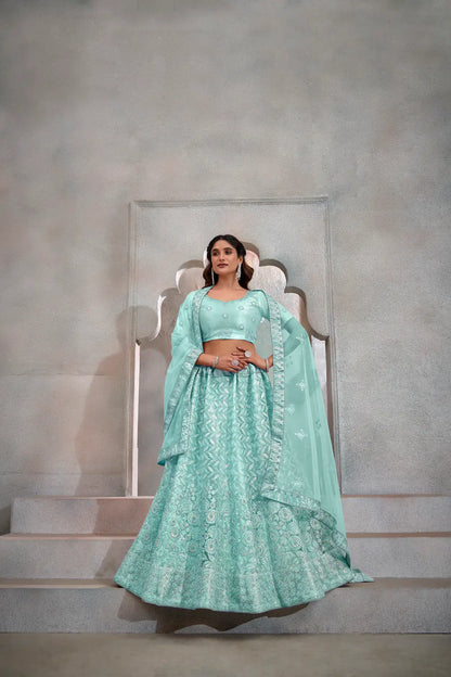 Turquoise Blue Net Thread & Sequence Embroidery Work Lehenga Choli