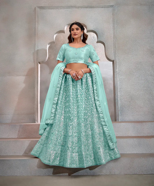 Turquoise Blue Net Thread & Sequence Embroidery Work Lehenga Choli