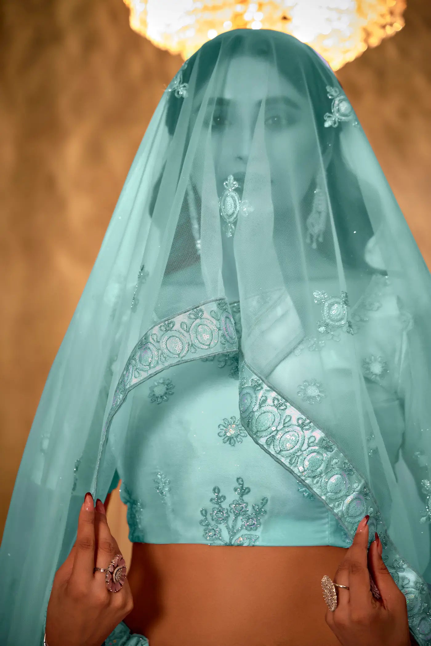 Turquoise Blue Net Thread & Sequence Embroidery Work Lehenga Choli