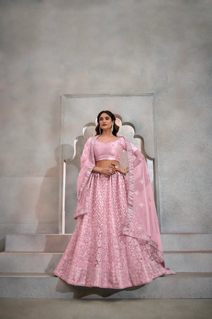 Light Pink Net Thread & Sequence Embroidery Work Lehenga Choli