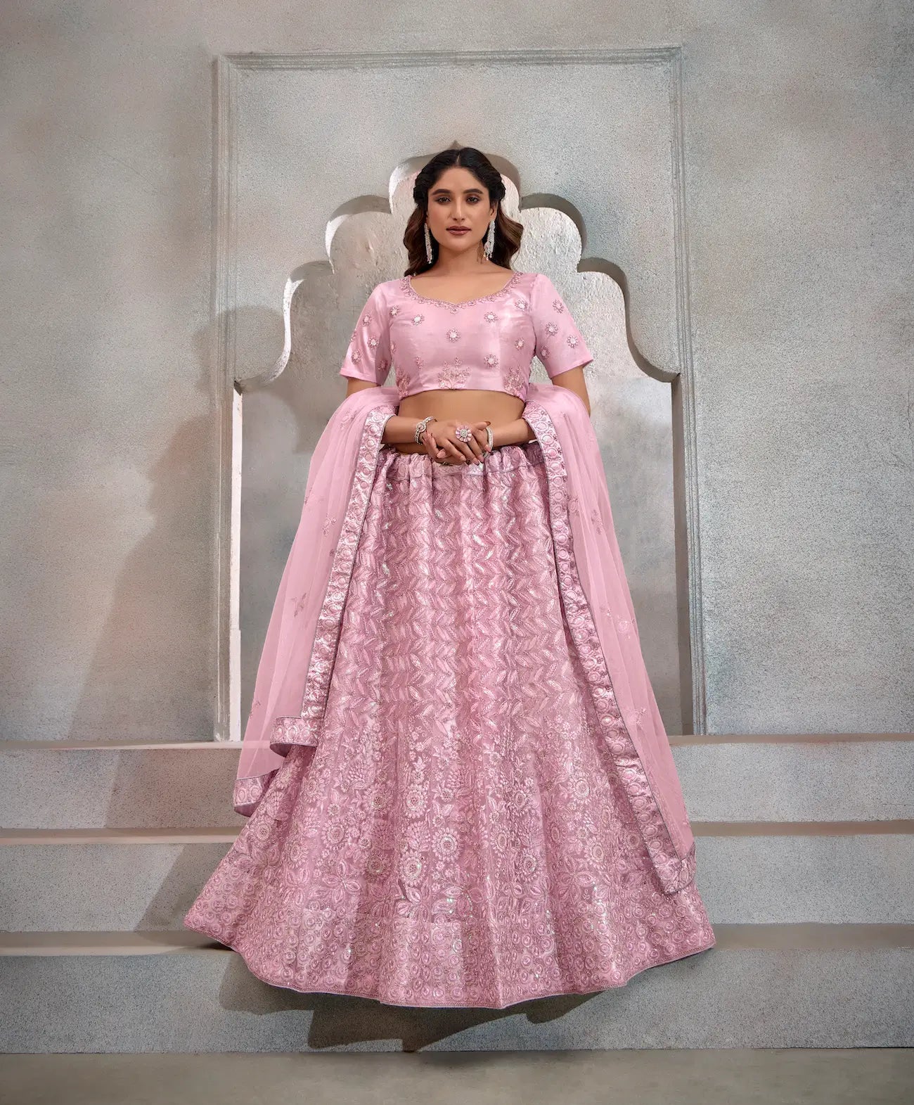 Light Pink Net Thread & Sequence Embroidery Work Lehenga Choli