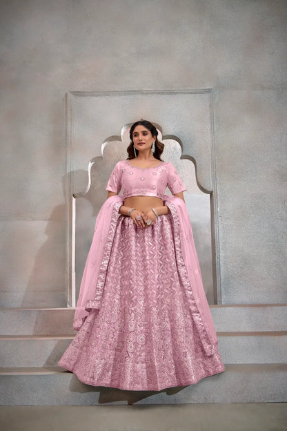 Light Pink Net Thread & Sequence Embroidery Work Lehenga Choli