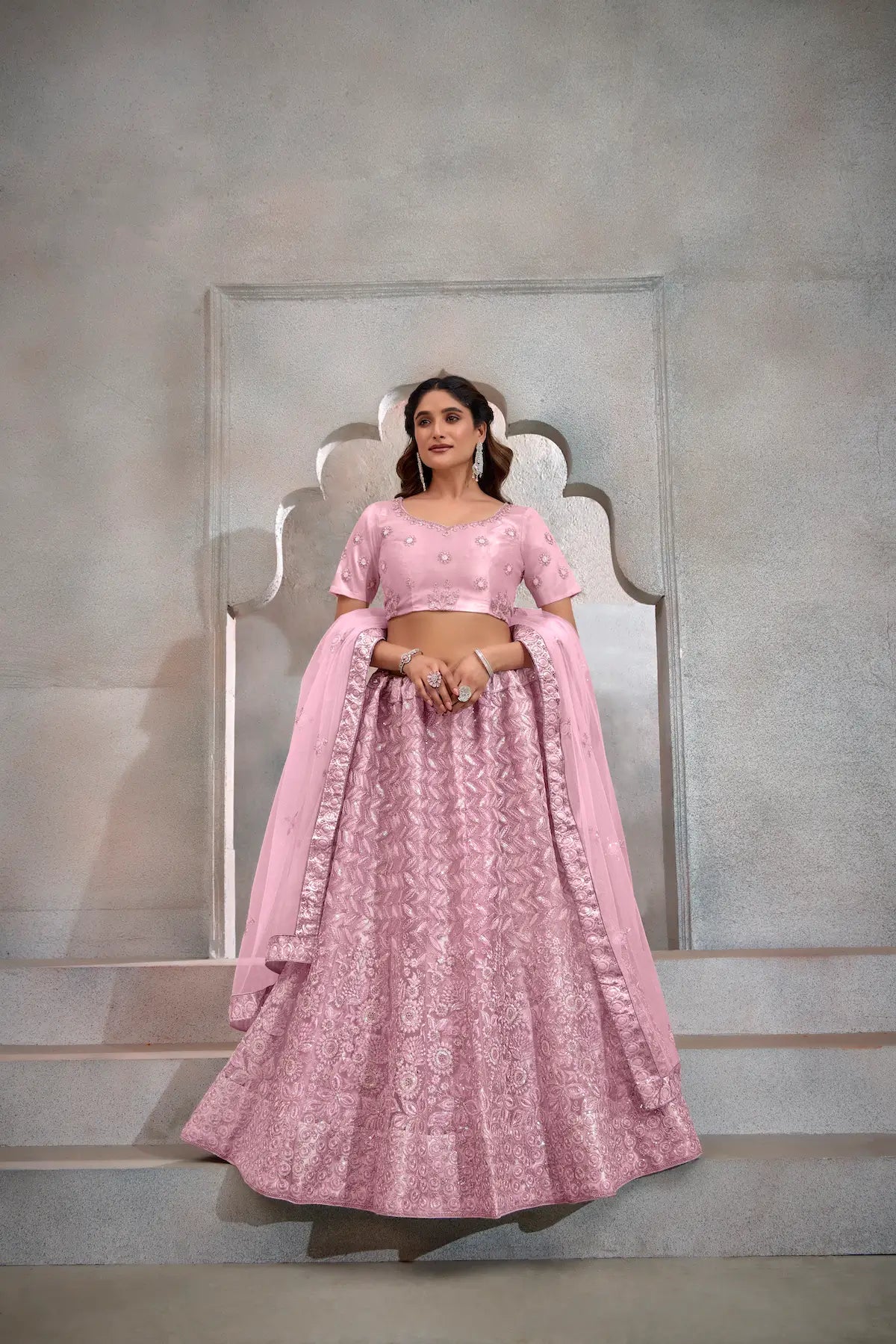 Light Pink Net Thread & Sequence Embroidery Work Lehenga Choli