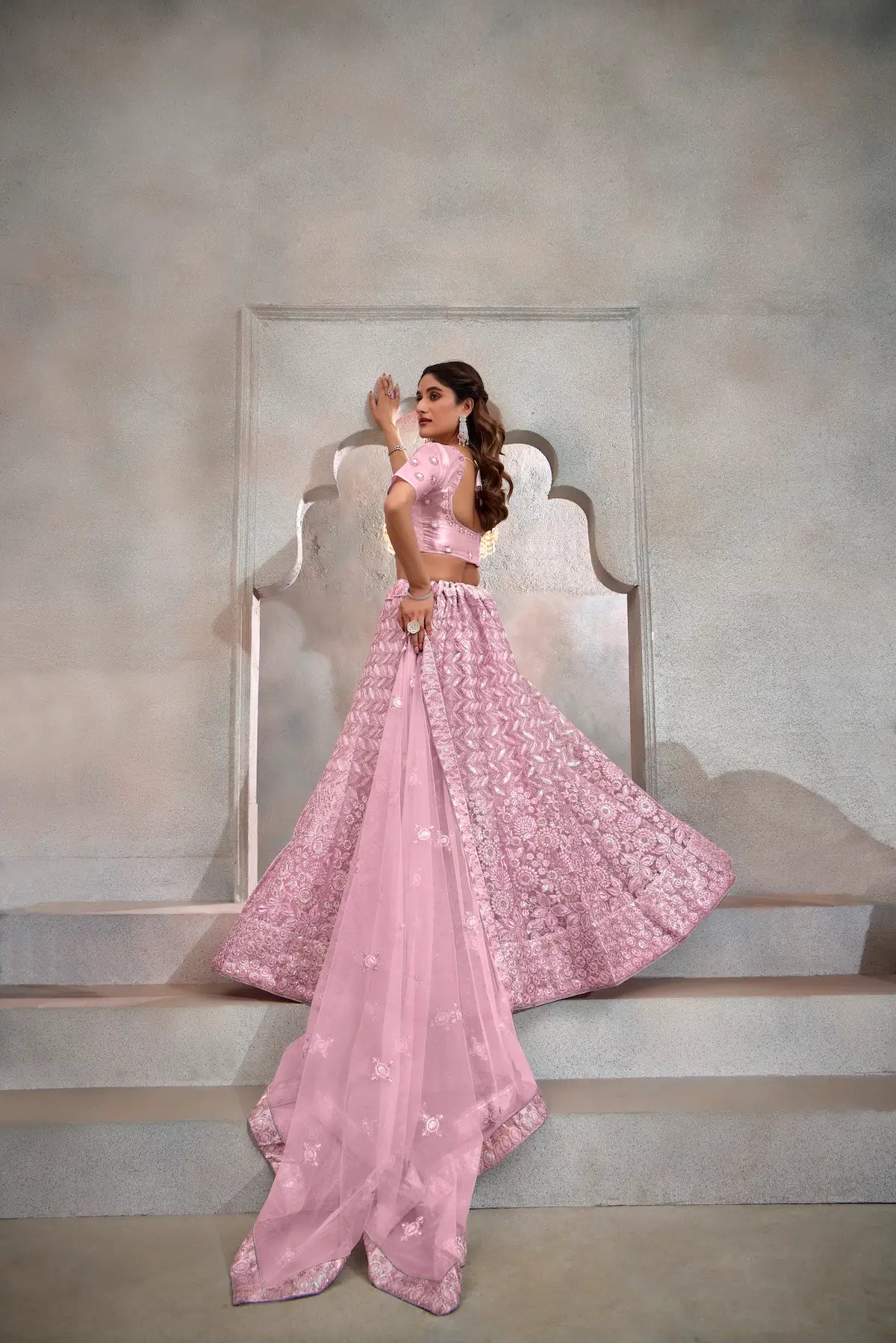 Light Pink Net Thread & Sequence Embroidery Work Lehenga Choli