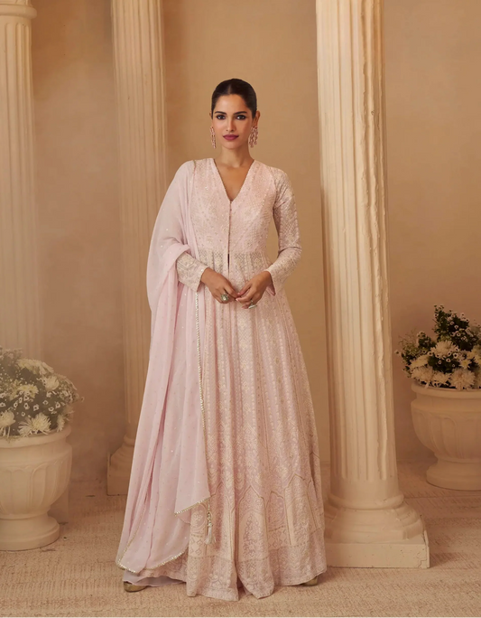 Peach Pink Georgette Embroidery Gown