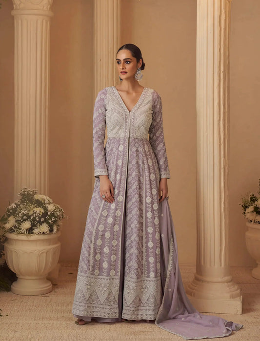 Dusty Lavender Georgette Embroidery Gown