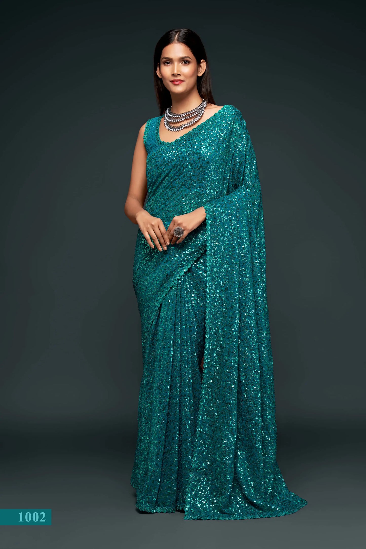 Teal Blue Georgette with Thread And Multiple Sequins Embroidery Work