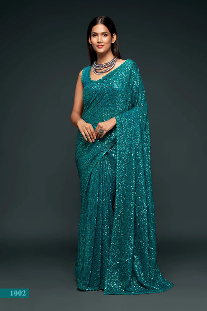 Teal Blue Georgette with Thread And Multiple Sequins Embroidery Work
