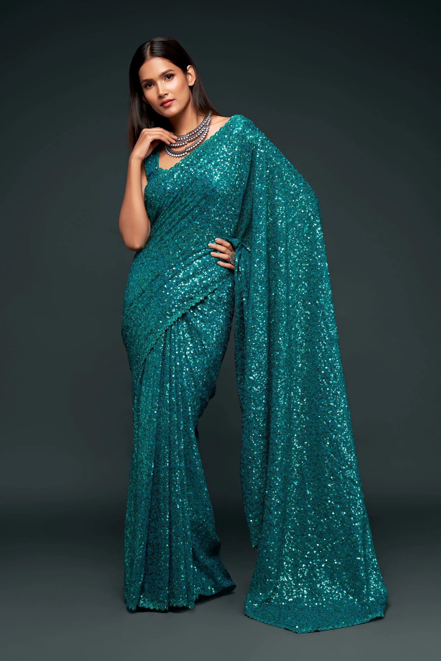 Teal Blue Georgette with Thread And Multiple Sequins Embroidery Work