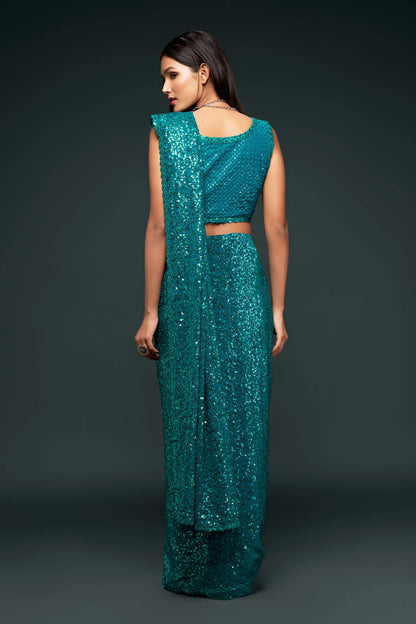 Teal Blue Georgette with Thread And Multiple Sequins Embroidery Work
