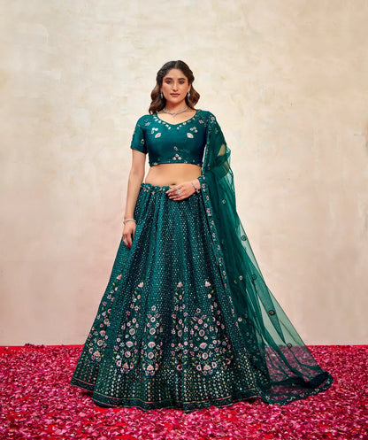 Teal Green Net Thread & Sequence Embroidery Work Lehenga Choli