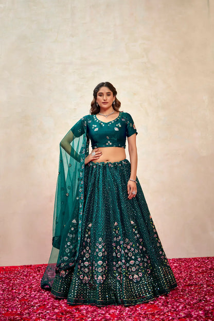 Teal Green Net Thread & Sequence Embroidery Work Lehenga Choli