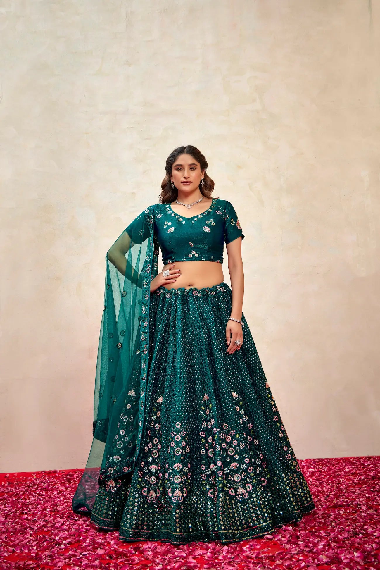 Teal Green Net Thread & Sequence Embroidery Work Lehenga Choli