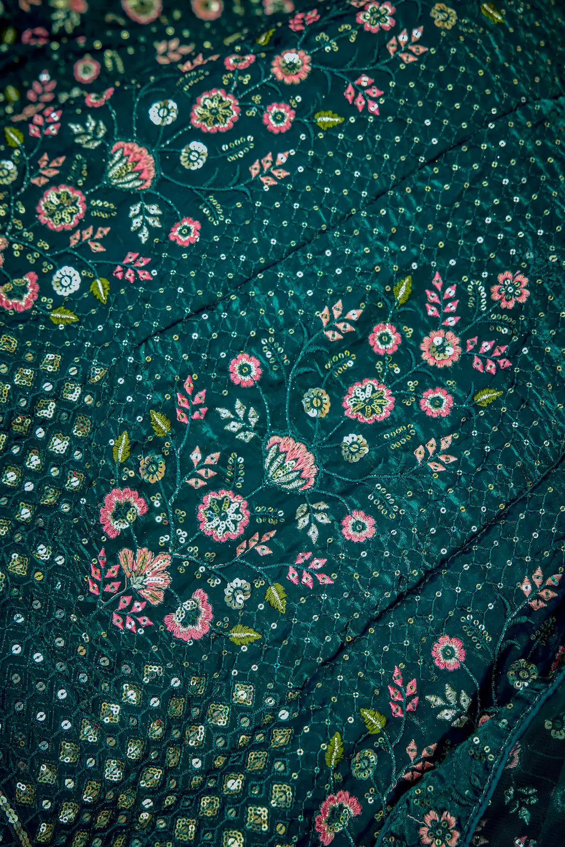 Teal Green Net Thread & Sequence Embroidery Work Lehenga Choli