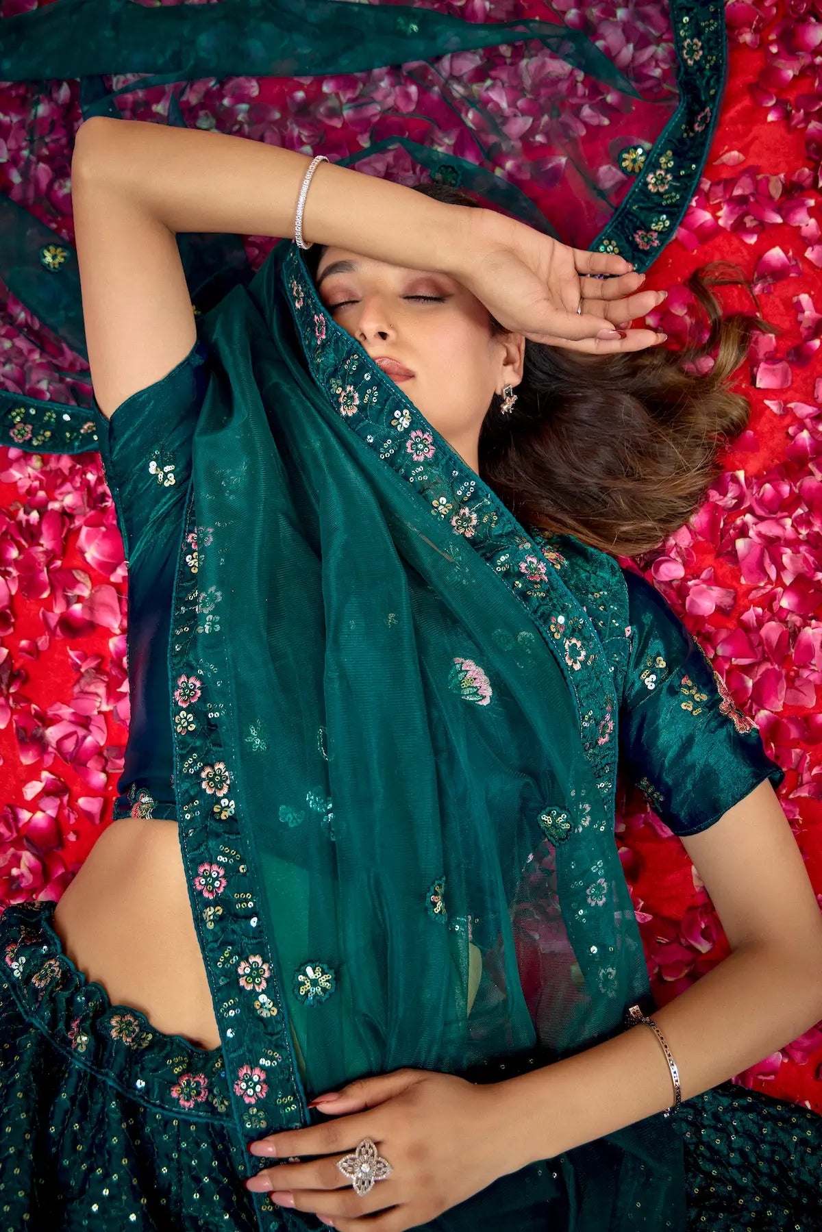 Teal Green Net Thread & Sequence Embroidery Work Lehenga Choli