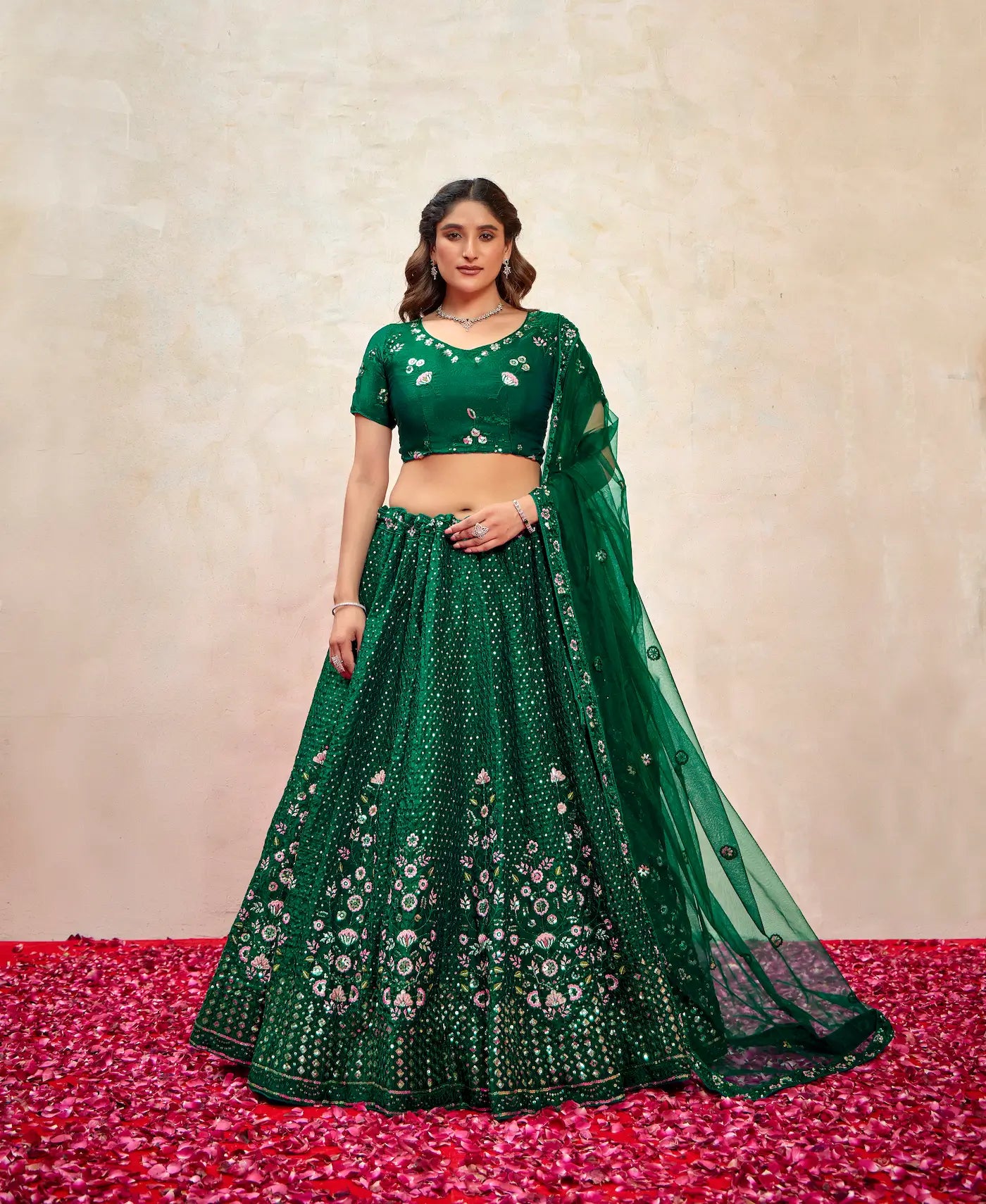 Green Net Thread & Sequence Embroidery Work Lehenga Choli