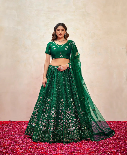 Green Net Thread & Sequence Embroidery Work Lehenga Choli