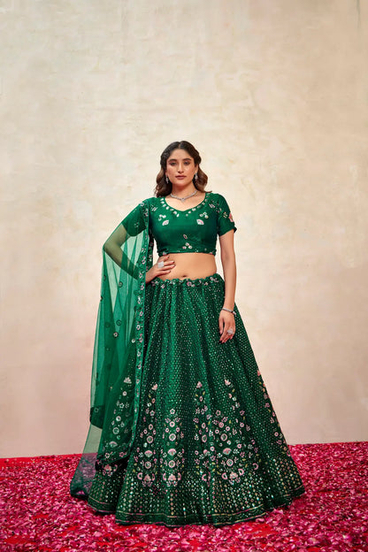 Green Net Thread & Sequence Embroidery Work Lehenga Choli