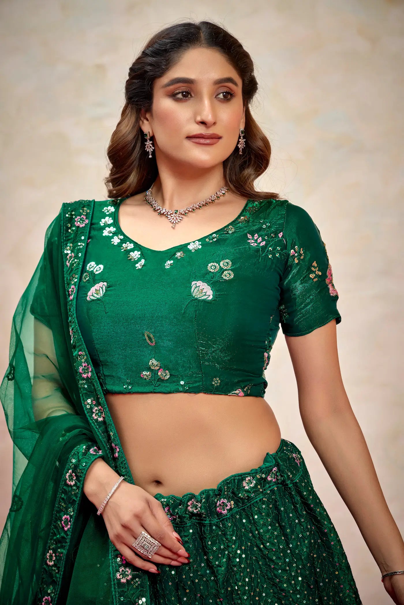 Green Net Thread & Sequence Embroidery Work Lehenga Choli