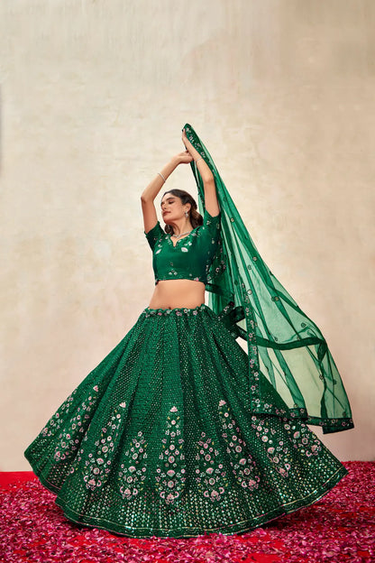 Green Net Thread & Sequence Embroidery Work Lehenga Choli