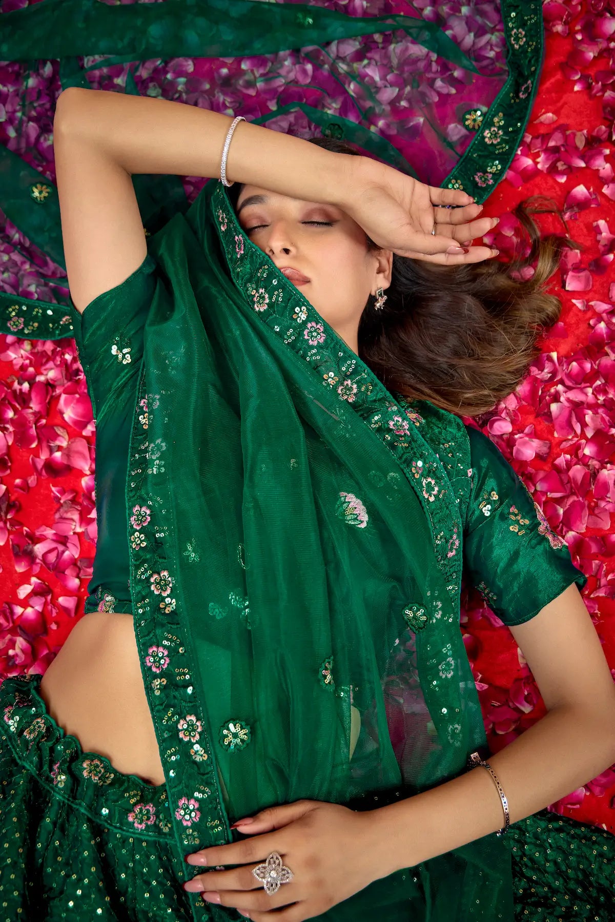 Green Net Thread & Sequence Embroidery Work Lehenga Choli