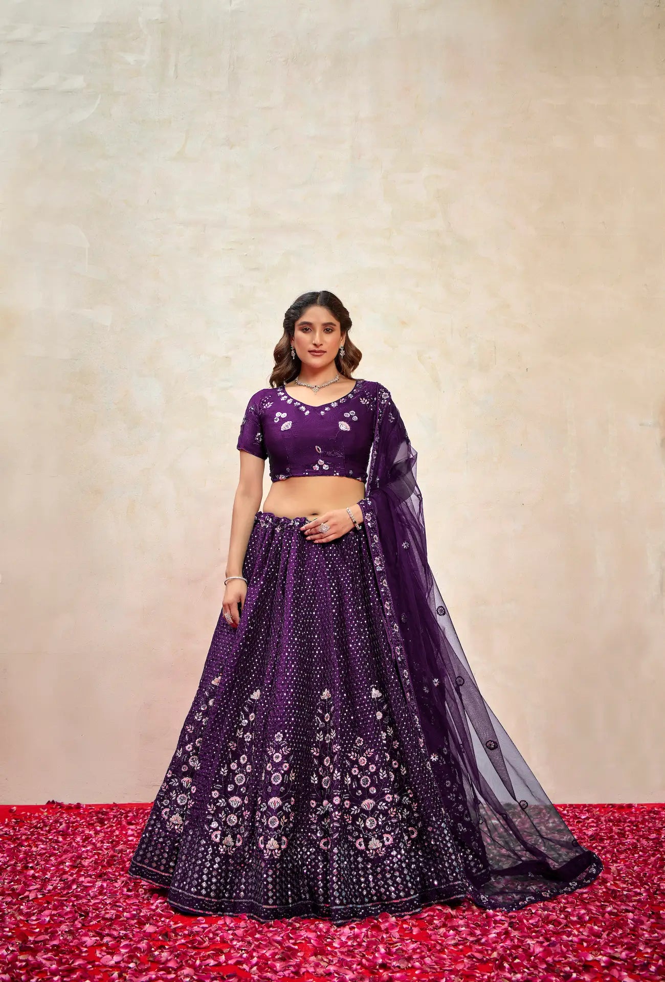 Wine Net Thread & Sequence Embroidery Work Lehenga Choli