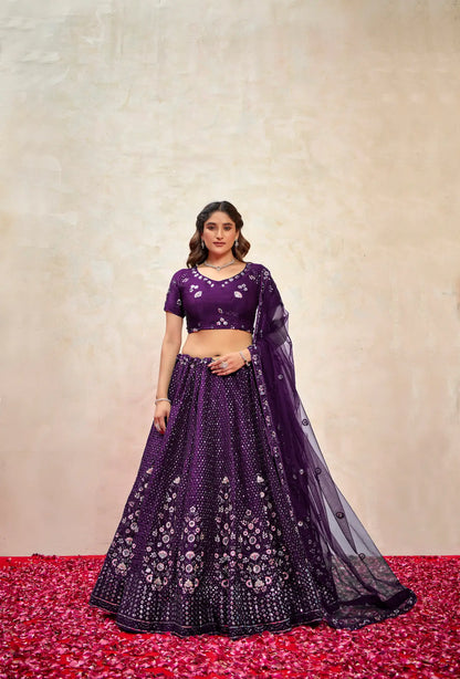 Wine Net Thread & Sequence Embroidery Work Lehenga Choli