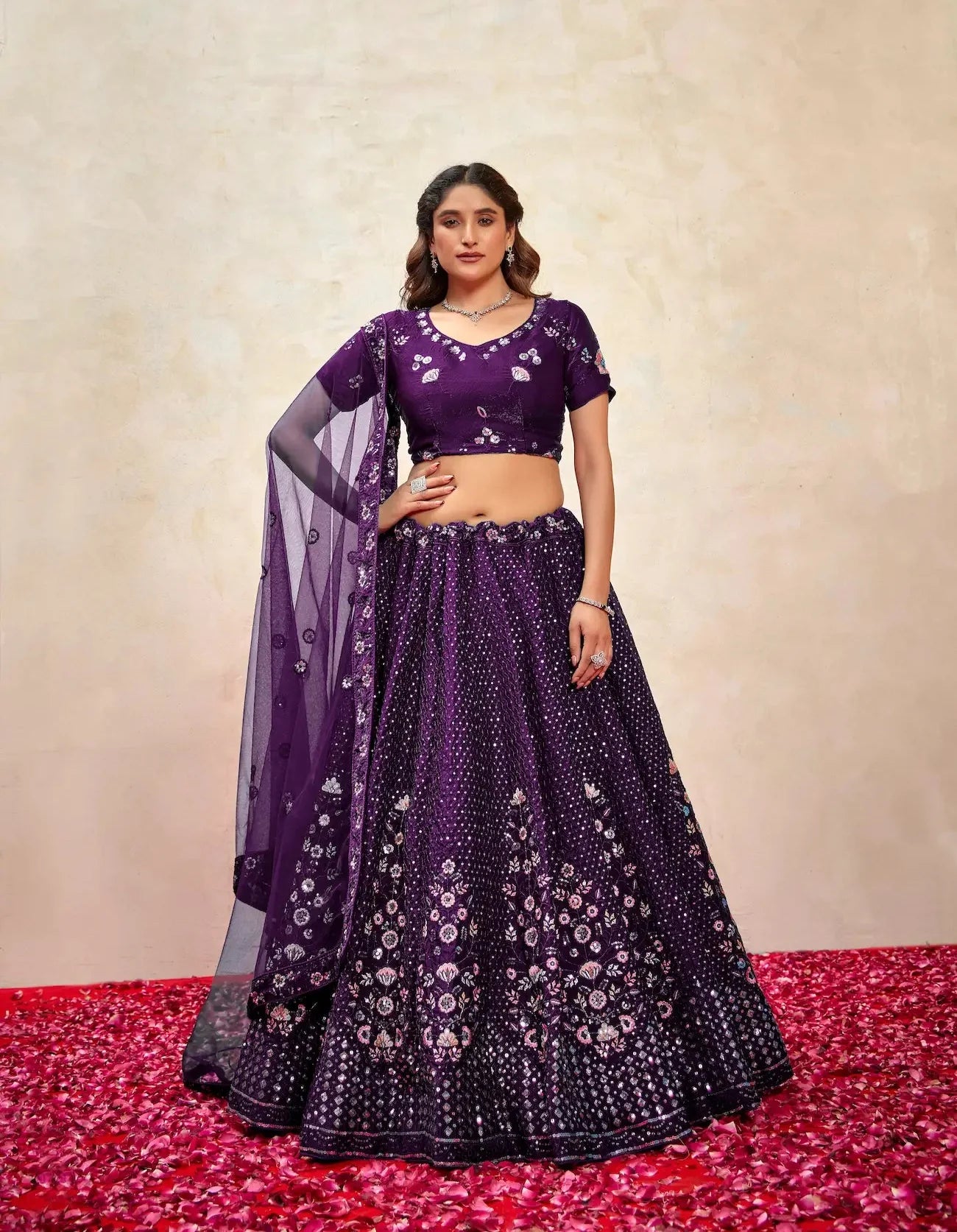 Wine Net Thread & Sequence Embroidery Work Lehenga Choli