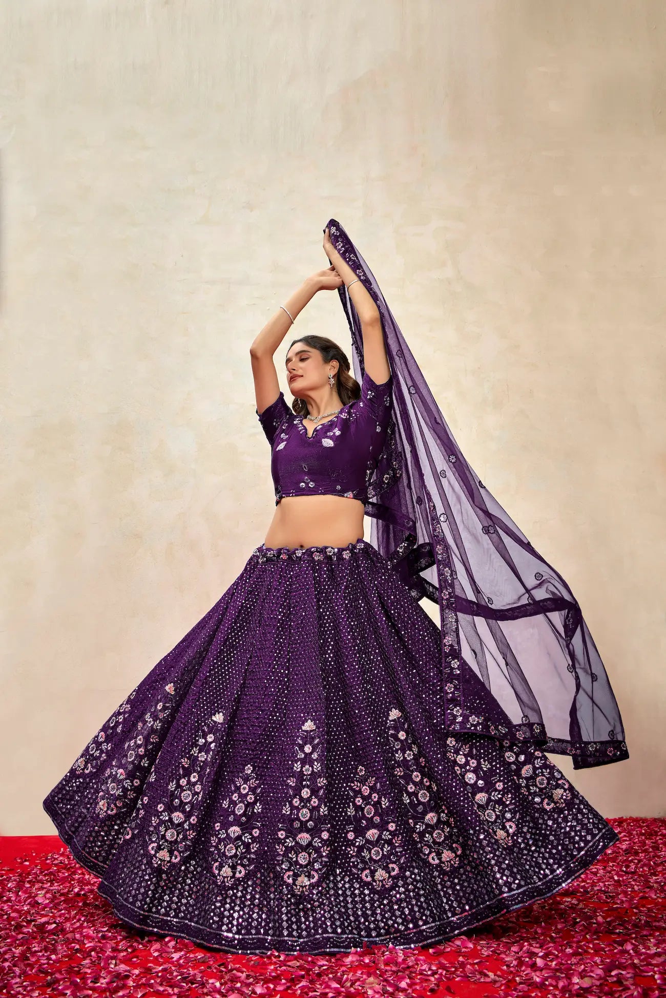 Wine Net Thread & Sequence Embroidery Work Lehenga Choli