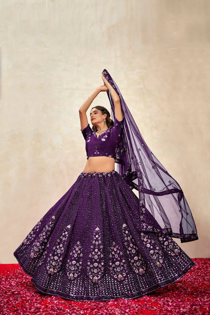 Wine Net Thread & Sequence Embroidery Work Lehenga Choli
