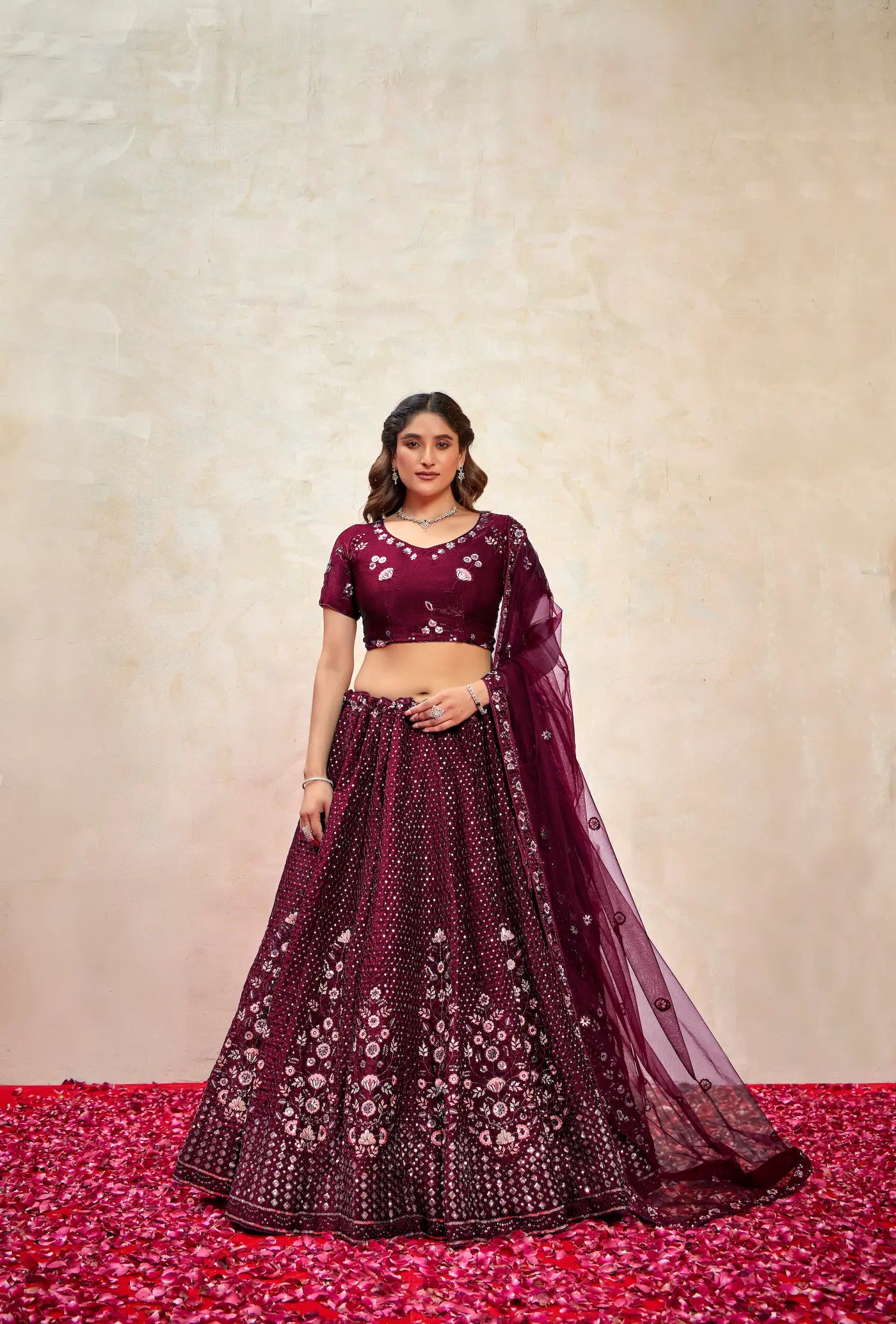 Deep Violet Net Thread & Sequence Embroidery Work Lehenga Choli