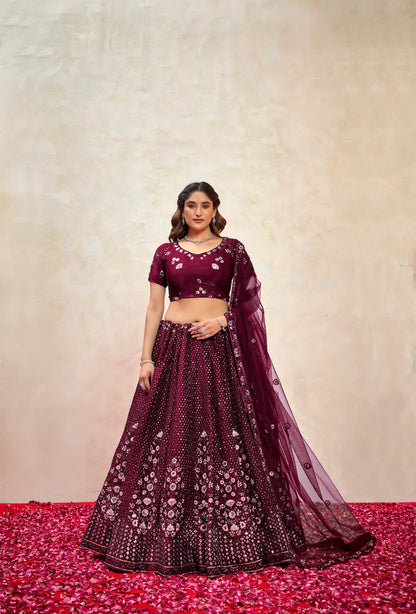 Deep Violet Net Thread & Sequence Embroidery Work Lehenga Choli