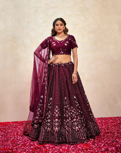Deep Violet Net Thread & Sequence Embroidery Work Lehenga Choli
