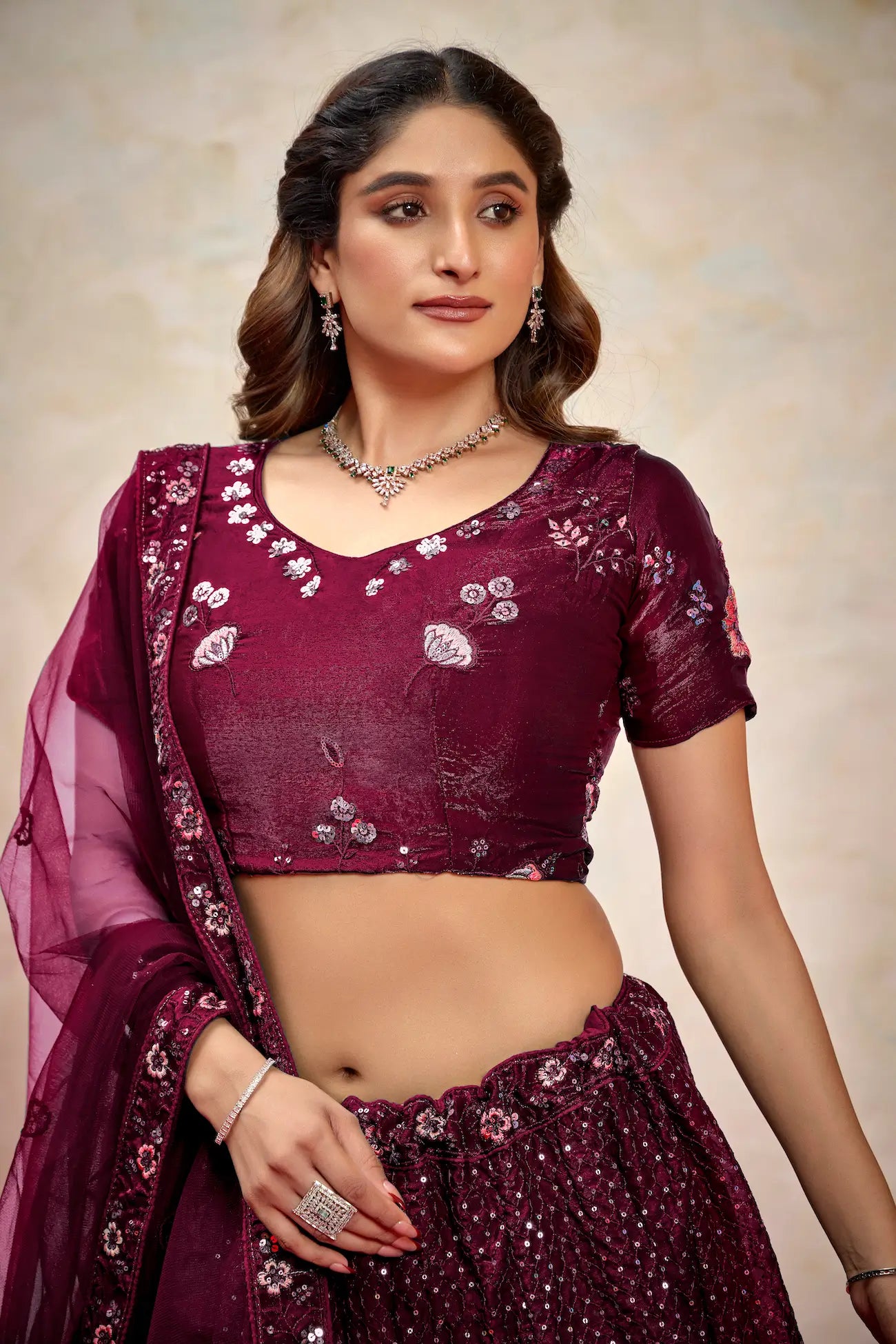 Deep Violet Net Thread & Sequence Embroidery Work Lehenga Choli