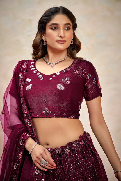 Deep Violet Net Thread & Sequence Embroidery Work Lehenga Choli