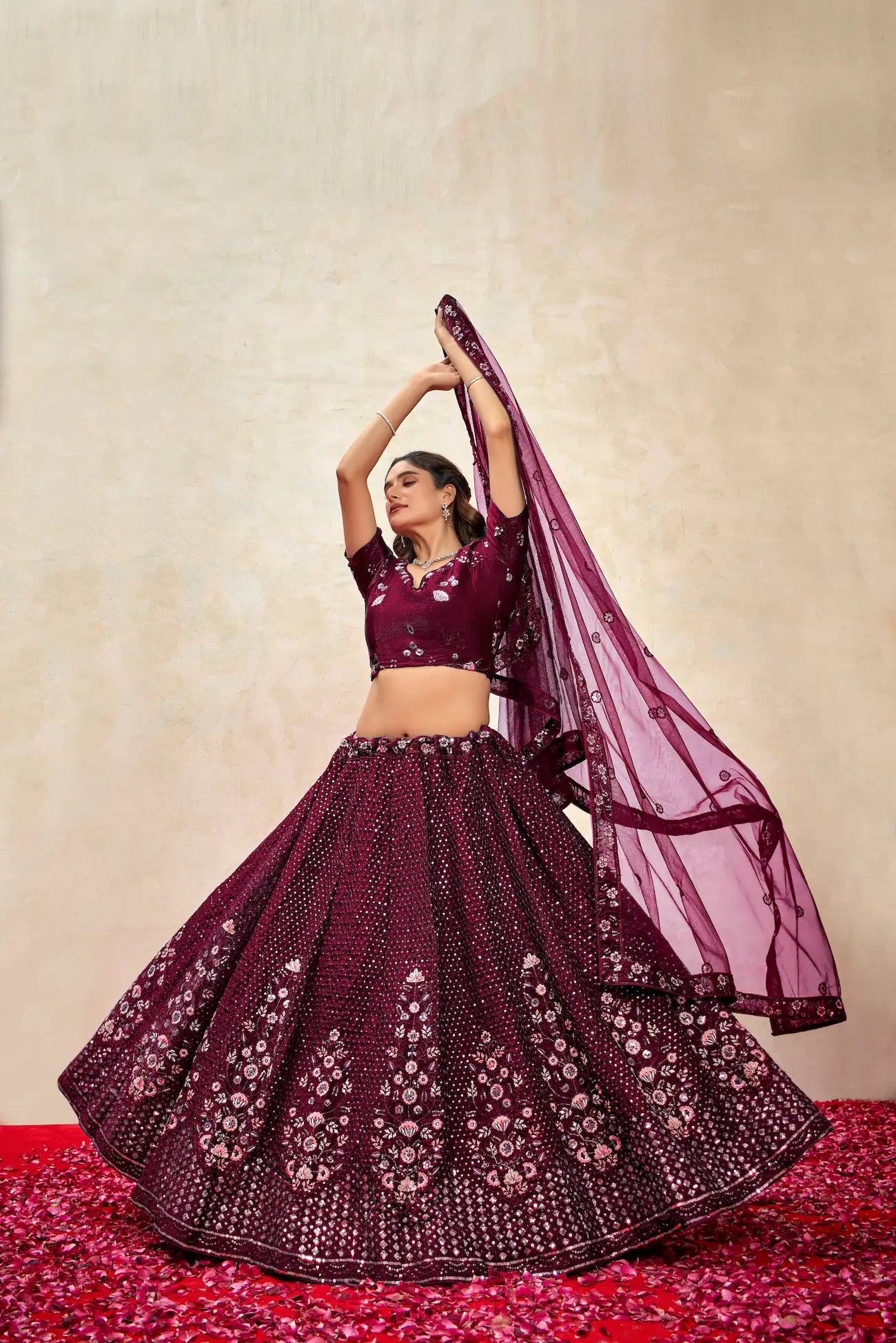 Deep Violet Net Thread & Sequence Embroidery Work Lehenga Choli