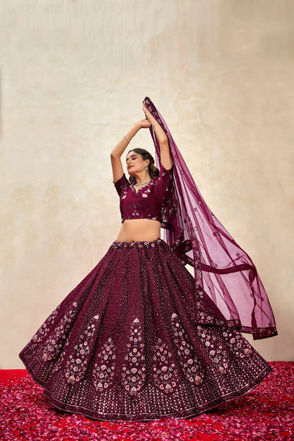 Deep Violet Net Thread & Sequence Embroidery Work Lehenga Choli