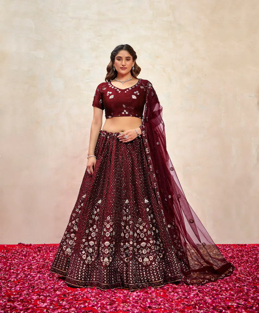 Maroon Net Thread & Sequence Embroidery Work Lehenga Choli