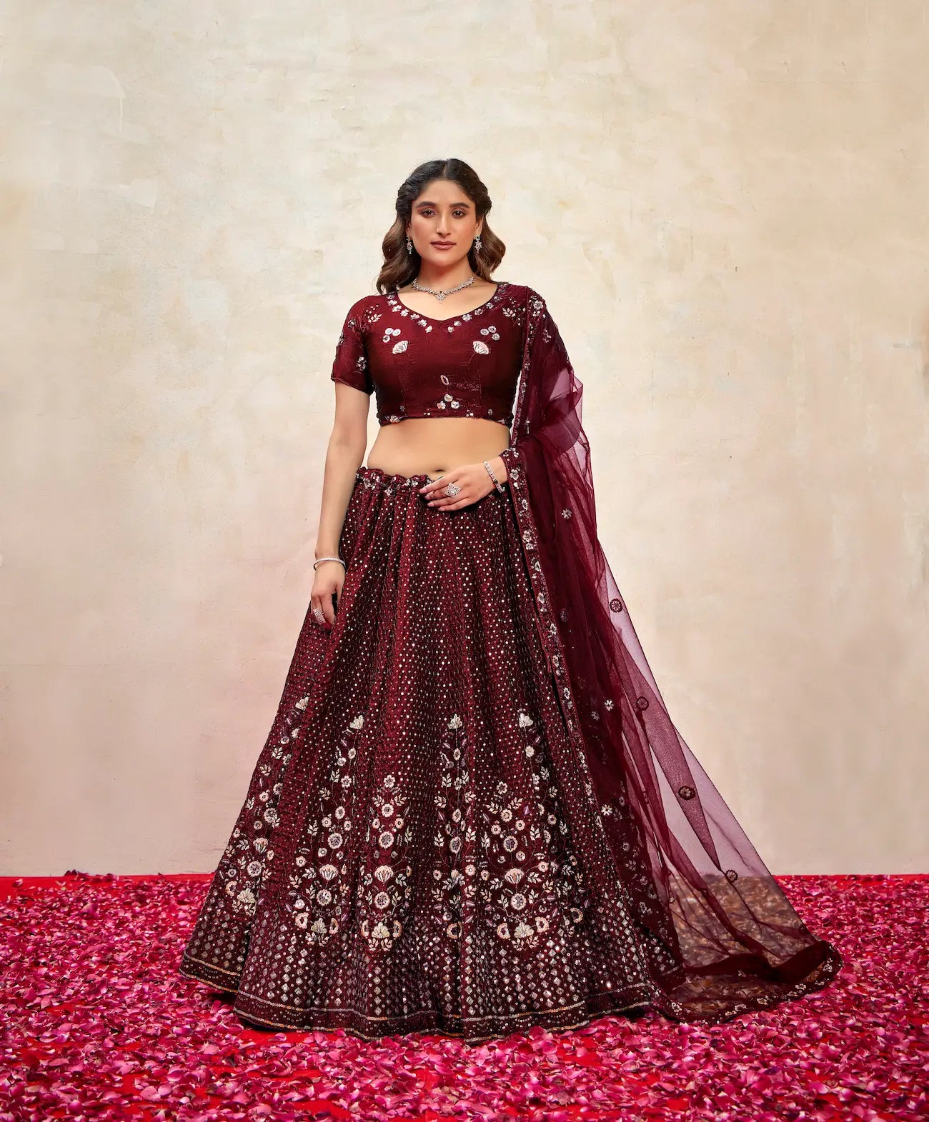 Maroon Net Thread & Sequence Embroidery Work Lehenga Choli