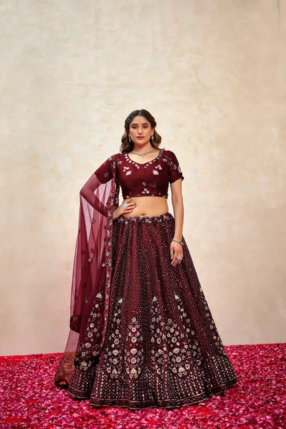 Maroon Net Thread & Sequence Embroidery Work Lehenga Choli