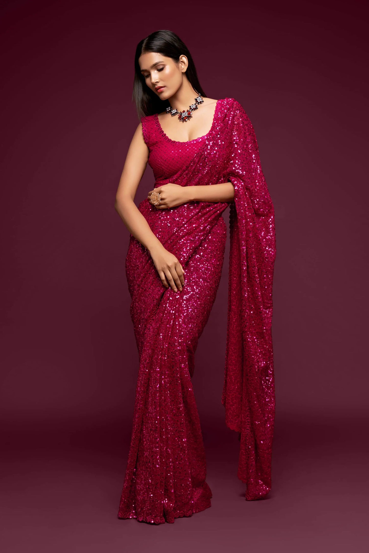 Hot Pink Georgette Saree with Thread And Multiple Sequins Embroidery Work