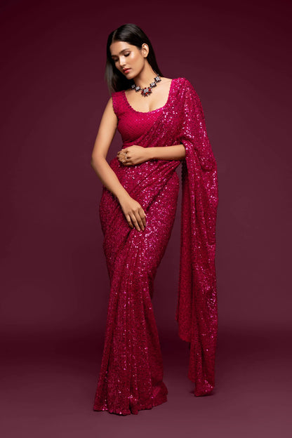 Hot Pink Georgette Saree with Thread And Multiple Sequins Embroidery Work