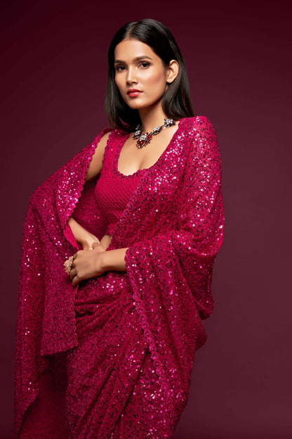 Hot Pink Georgette Saree with Thread And Multiple Sequins Embroidery Work